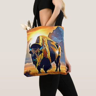 Bolso De Tela Diseño de Arte de Bisonte de Montaña al Atardecer