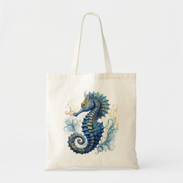 Bolso De Tela Diseño de caballito de mar azul acuarela (Frente)