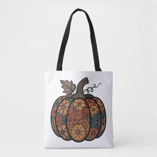 Bolso De Tela Diseño de calabaza con motivos de flor otoñal (Anverso)