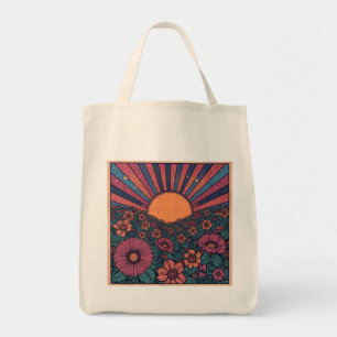 Bolso De Tela Diseño de campo de flores soleado retro de los 70
