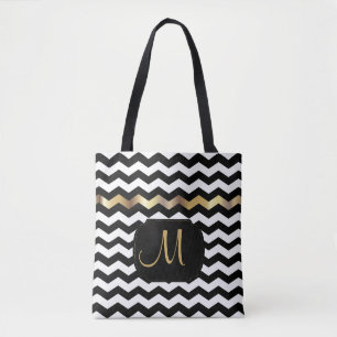 Bolso De Tela Diseño de chevron blanco y negro con todo el oro i