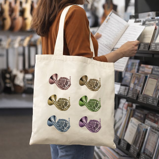 Bolso De Tela Diseño de collage de trompa francesa arcoíris (A tote bag with a rainbow lineup of french horns.)