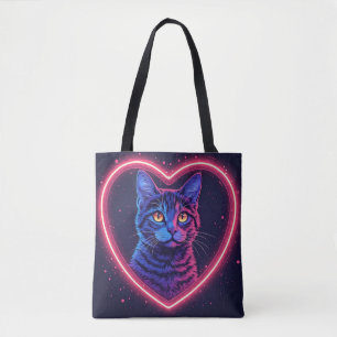 Bolso De Tela Diseño de corazón de gato neon - Amor de gatito br