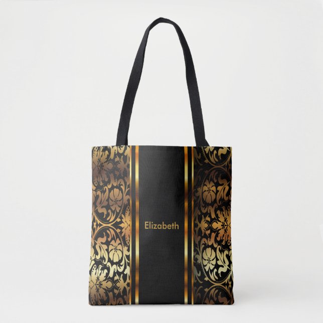 Bolso De Tela Diseño de damascos florales dorados y negros (Anverso)