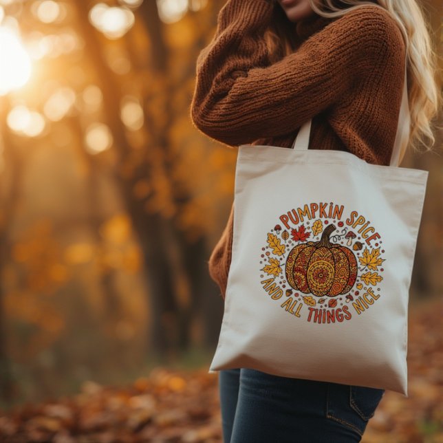 Bolso De Tela Diseño de especias de calabaza de otoño (adorned with extraordinarily intricate mandala-inspired patterns in vibrant shades of orange )