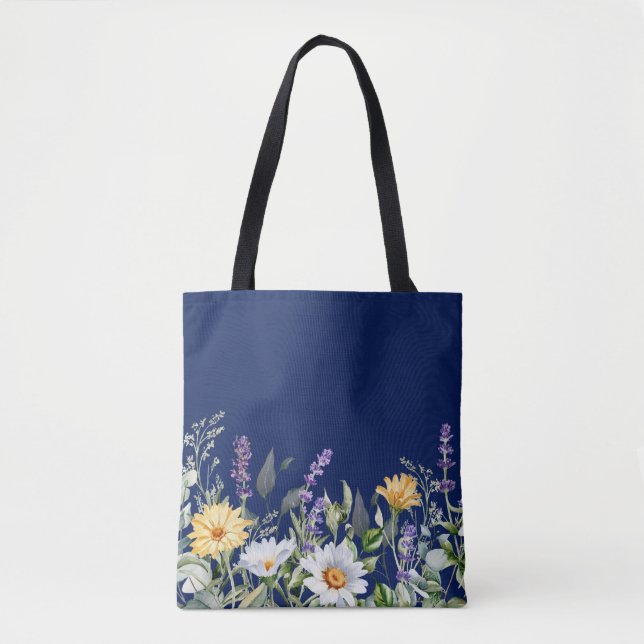 Bolso De Tela Diseño de Flor Silvestre Cute Navy Blue Boho (Anverso)