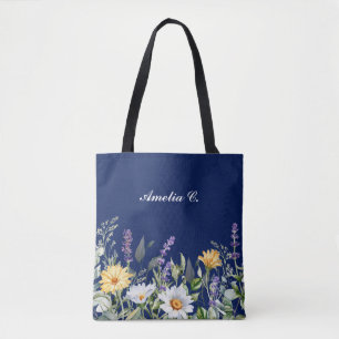 Bolso De Tela Diseño de Flor Silvestre Cute Navy Blue Boho