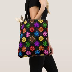 Bolso De Tela Diseño de flores de arcoíris retro coloridas negro