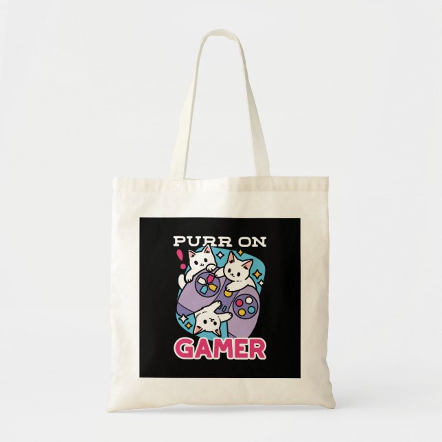 Bolso De Tela Diseño De Gato Gamer - Purr En El Arte De Joystick (Frente)