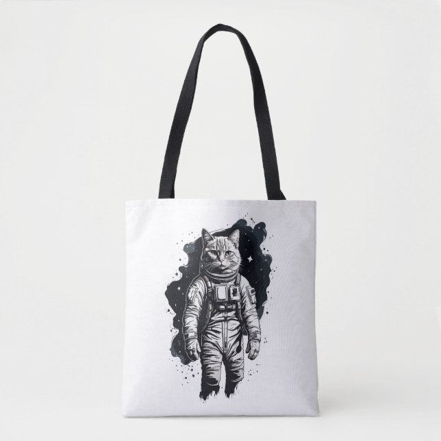 Bolso De Tela Diseño de gato para astronautas de tinta negra (Anverso)