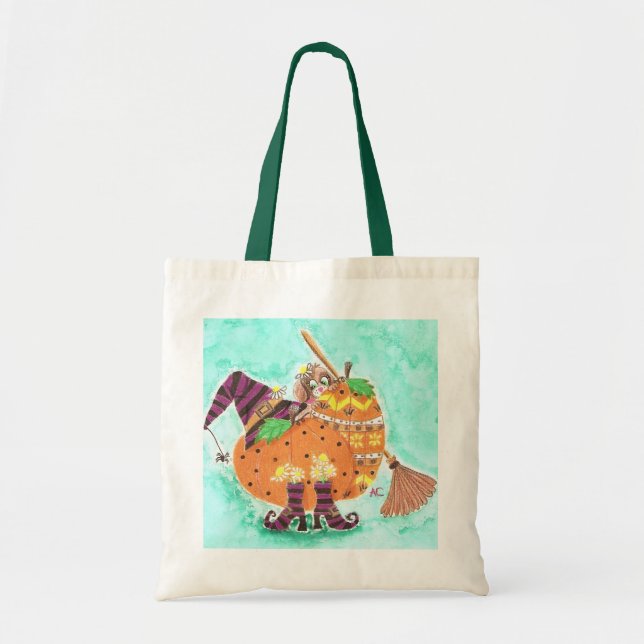 Bolso De Tela Diseño de Halloween con el tote verde del (Frente)