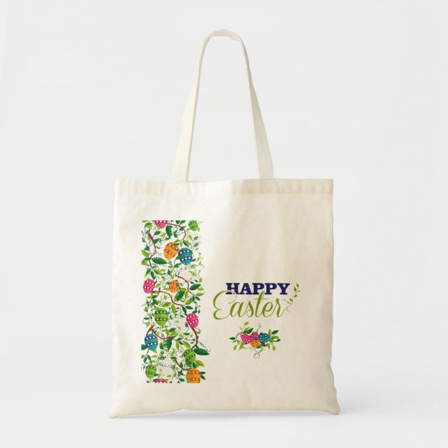 Bolso De Tela Diseño de huevos de Pascua y flores de primavera (Frente)