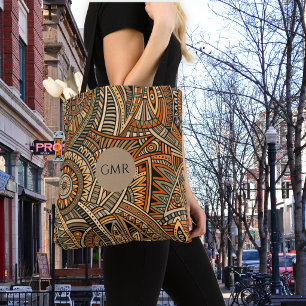 Bolso De Tela Diseño de monograma marrón, óxido y negro bohemio