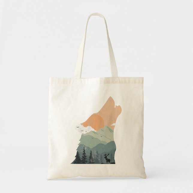 Bolso De Tela diseño de naturaleza vintage con silueta de lobo (Frente)