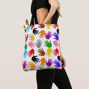 Bolso De Tela Diseño de patrón de huella de mano colorida blanca