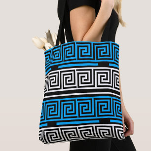 Bolso De Tela Diseño de patrón de llave griega azul negro blanco