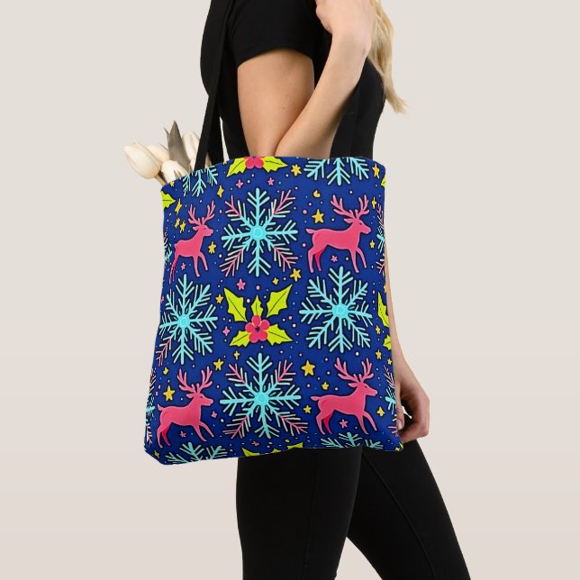 Bolso De Tela Diseño de patrón de reno de Navidad azul fresco (Detalle)