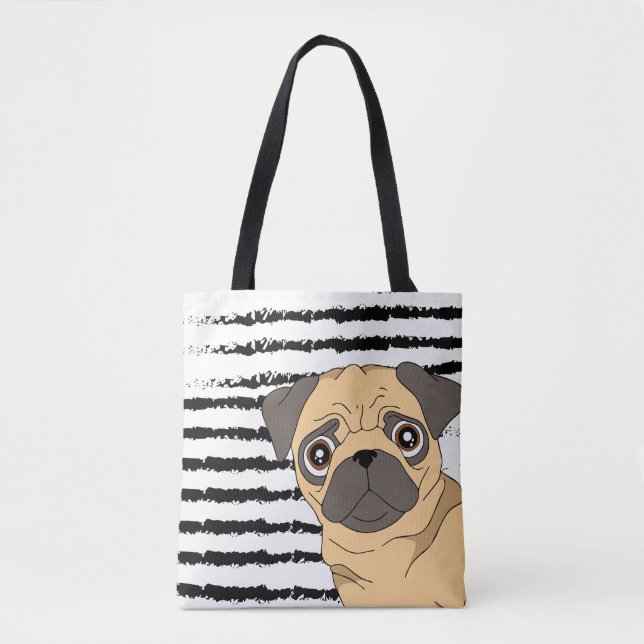 Bolso De Tela Diseño de patrones blancos negros Pug (Anverso)