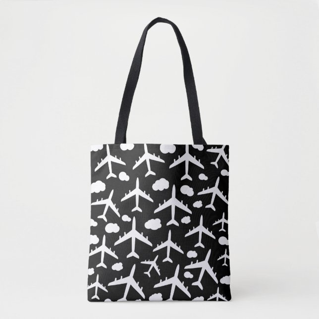 Bolso De Tela Diseño de patrones de aviones de vuelo negro (Anverso)