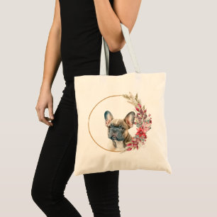 Bolso De Tela Diseño de perro floral de Navidad con acuarela