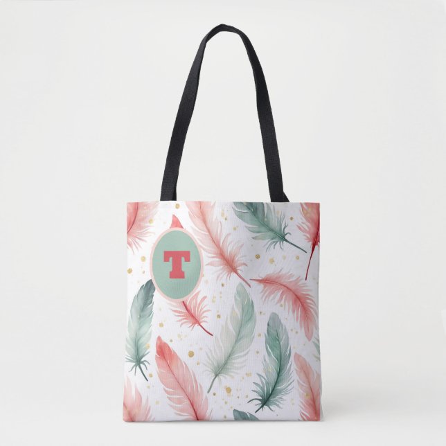Bolso De Tela Diseño de plumas monográficas en rojo, verde y dor (Anverso)