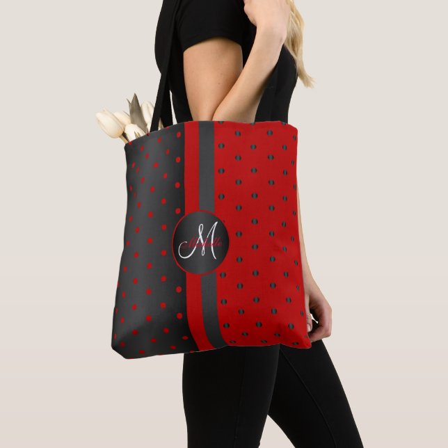 Bolso De Tela Diseño de puntos de polka rojo y negro (Detalle)