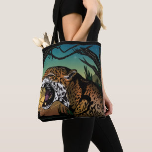 Bolso De Tela Diseño de selva con jaguar rugiente – Amarillo tur