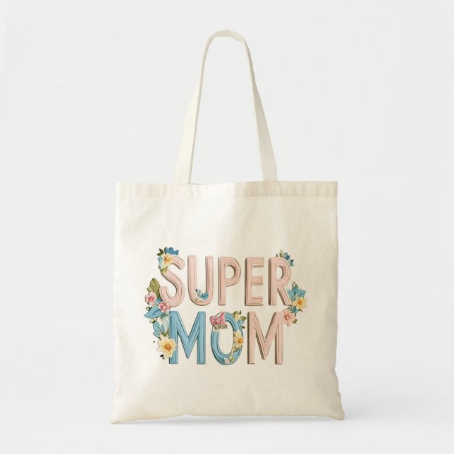 Bolso De Tela Diseño de texto floral de Super Mom (Frente)