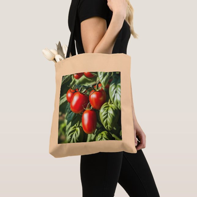 Bolso De Tela diseño de tomates rojos maduros y hojas (Detalle)
