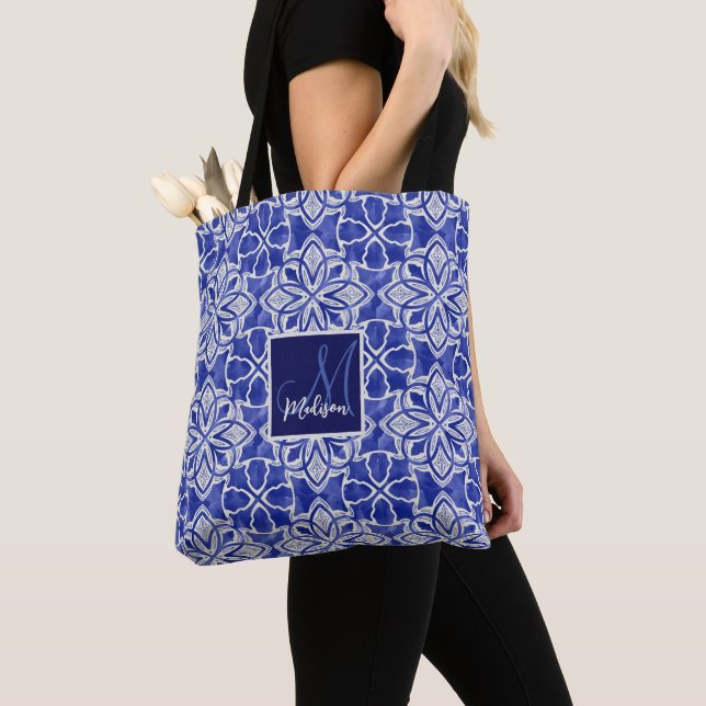 Bolso De Tela Diseño elegante azul grisáceo inicial monogramado (Detalle)