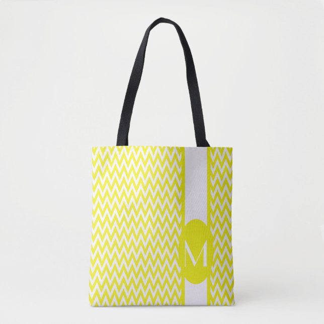 Bolso De Tela Diseño elegante Chevron amarillo limón con monogra (Anverso)