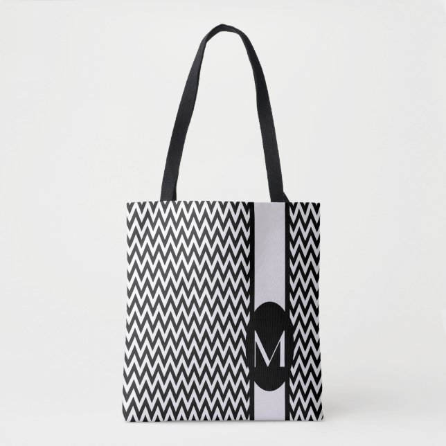 Bolso De Tela Diseño elegante de cheurón negro con monograma (Anverso)