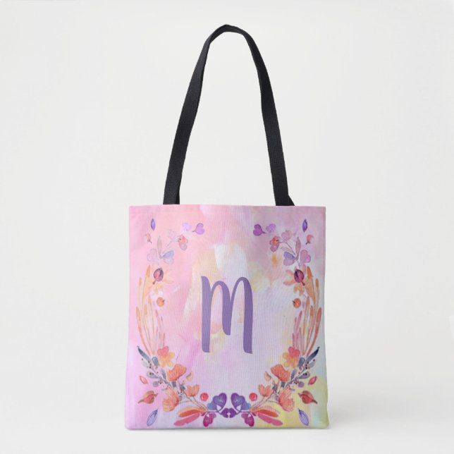 Bolso De Tela Diseño elegante de monograma floral rosa (Anverso)