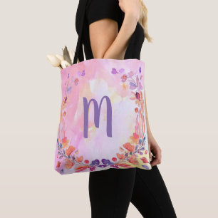 Bolso De Tela Diseño elegante de monograma floral rosa