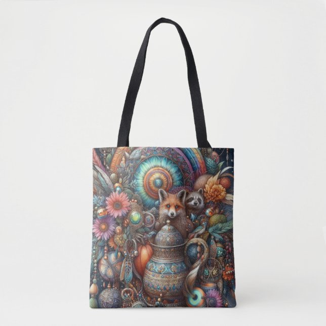 Bolso De Tela Diseño floral de Boho Fox Raccoon (Anverso)