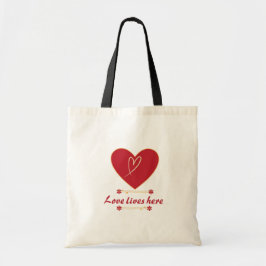 Bolso De Tela Diseño floral de corazón rojo – “El amor vive aquí