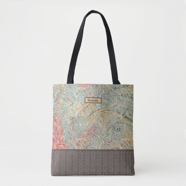 Bolso De Tela Diseño floral sobre fondo de marmol acuático (Anverso)
