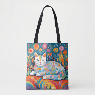 Bolso De Tela Diseño geométrico de gato colorido, escala abstrac