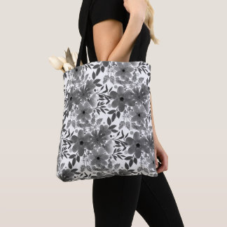 Bolso De Tela Diseño Monocromático Gris/Floral Blanco