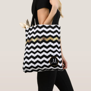 Bolso De Tela Diseño Monograma Gold, Blanco y Negro Chevron