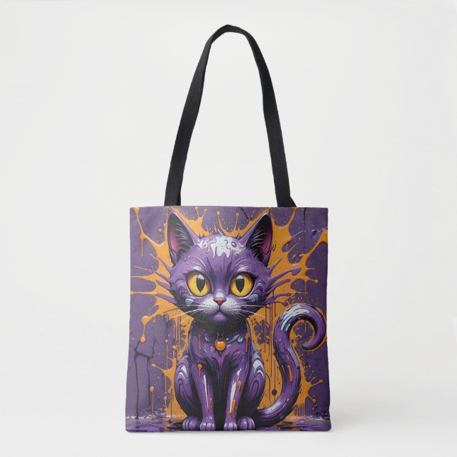 Bolso De Tela Diseño Purple y Naranja de Gato de Halloween (Anverso)