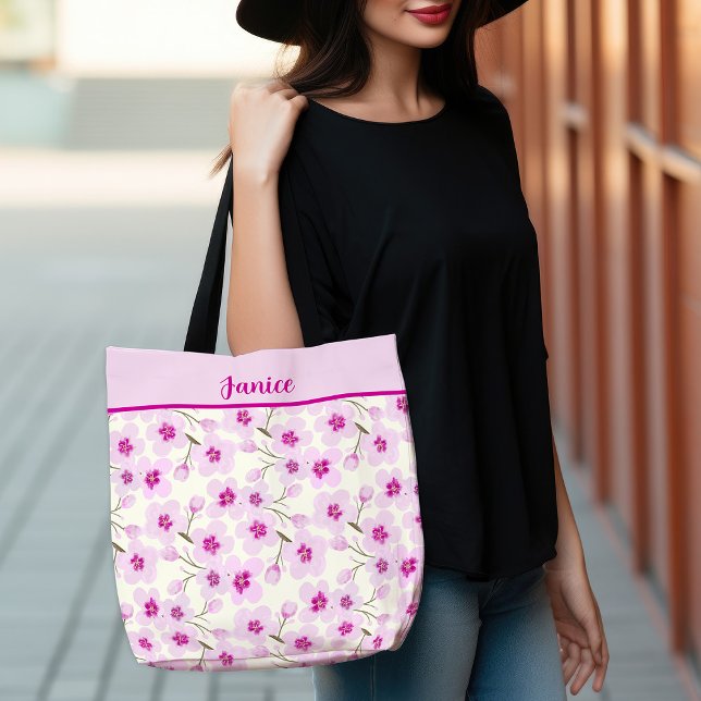 Bolso De Tela Diseño suave de flores de cerezo rosado Sakura (Watercolor Cherry Blossoms And Cream Tote Bag)