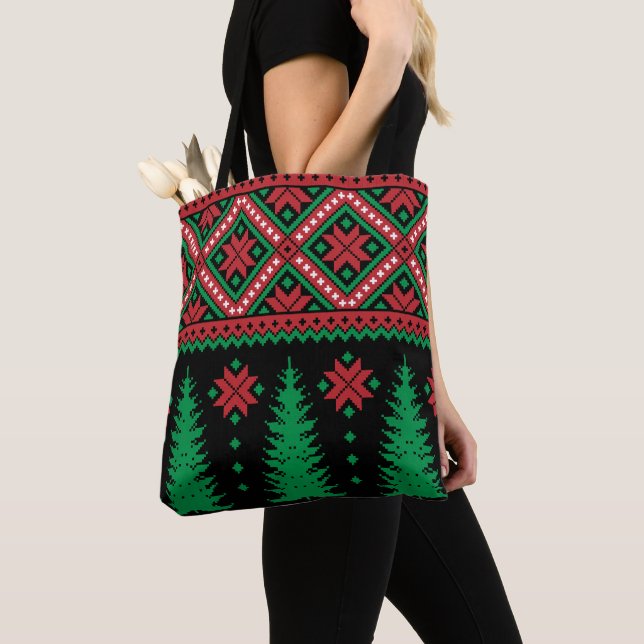 Bolso De Tela Diseño Tradicional De Árbol De Navidad Y Copo De N (Detalle)