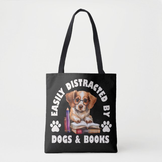 Bolso De Tela Distracción Fácil Por Perros Y Libros (Anverso)
