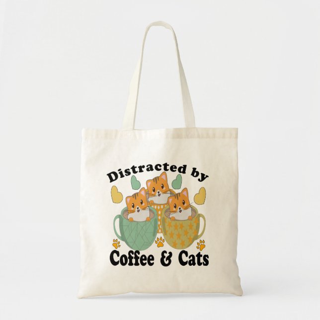 BOLSO DE TELA DISTRAÍDO POR GATOS Y CAFÉ. (Frente)