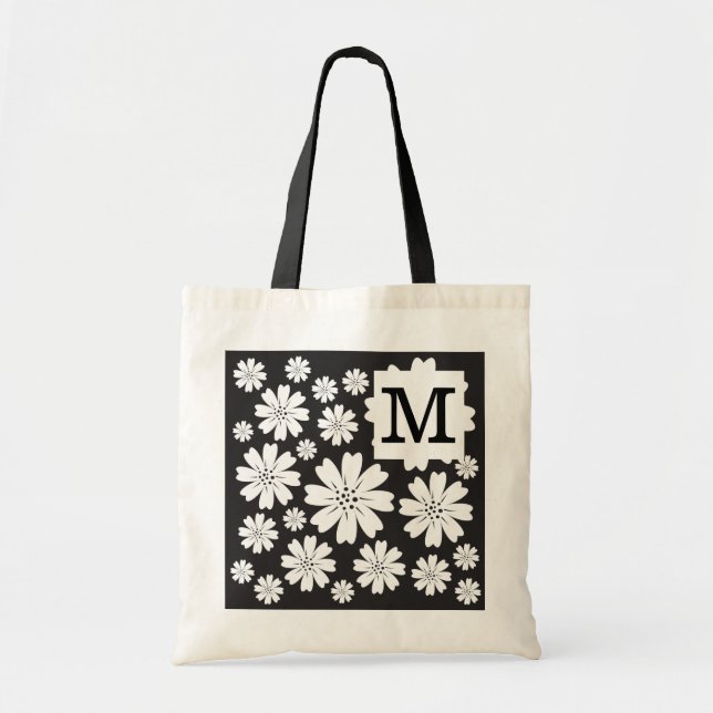 Bolso De Tela Ditsy blanco y negro florece con monograma (Frente)