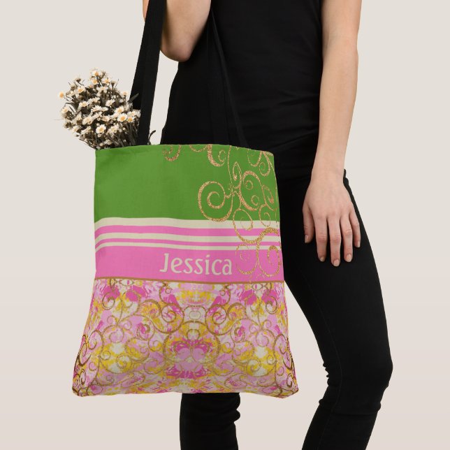 Bolso De Tela Diversión chic rosa y verde (Detalle)