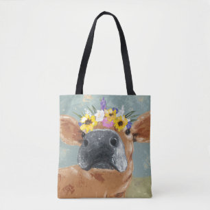 Bolso De Tela Diversión de granja - Vaca con corona de flores