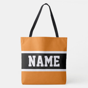 Bolso De Tela Diversión Deportiva Negra Naranja Rayas Tu Texto
