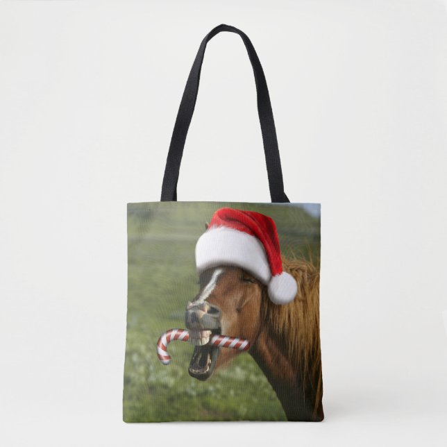 Bolso De Tela Divertido caballo de Navidades con sombrero Santa  (Anverso)